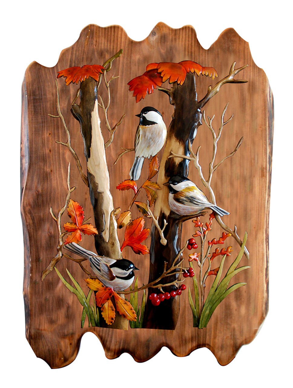 Chickadees Hand Crafted Intarsia Wood Art Wall Hanging 17 X 21 X 2 Inches